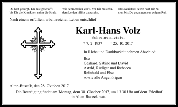 Traueranzeige von Karl-Hans Volz von Giessener Allgemeine, Alsfelder Allgemeine