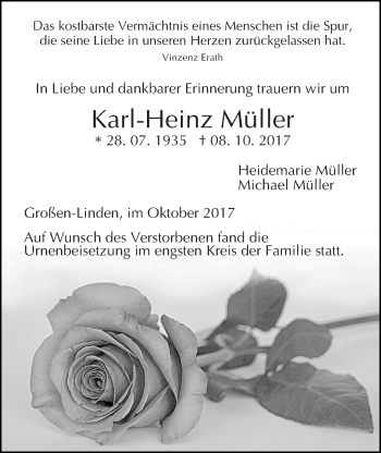 Traueranzeige von Karl-Heinz Müller von Giessener Allgemeine, Alsfelder Allgemeine