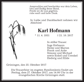 Traueranzeige von Karl Hofmann von Giessener Allgemeine, Alsfelder Allgemeine