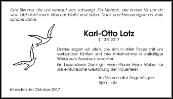 Traueranzeige von Karl-Otto Lotz von Licher Wochenblatt, Licher Wochenblatt, Licher Wochenblatt