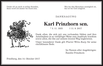 Traueranzeige von Karl Prinzhorn von Wetterauer Zeitung, Wetterauer Zeitung