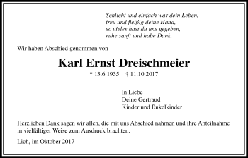 Traueranzeige von Karl Ernst Dreischmeier von Licher Wochenblatt, Licher Wochenblatt, Licher Wochenblatt