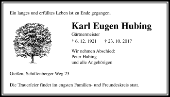 Traueranzeige von Karl Eugen Hubing von Giessener Allgemeine, Alsfelder Allgemeine
