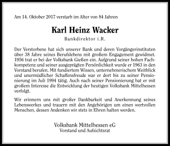 Traueranzeige von Karl Heinz Wacker von Giessener Allgemeine, Alsfelder Allgemeine