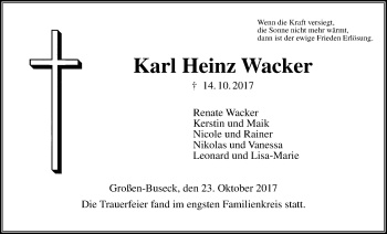 Traueranzeige von Karl Heinz Wacker von Giessener Allgemeine, Alsfelder Allgemeine