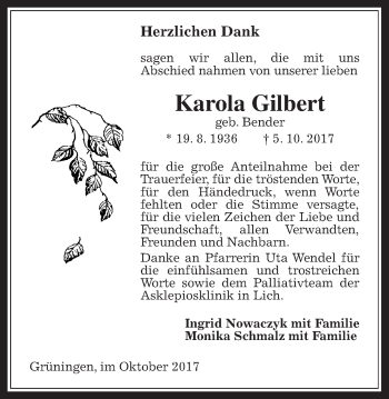 Traueranzeige von Karola Gilbert von Pohlheimer Nachrichten