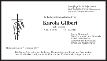 Traueranzeige von Karola Gilbert von Giessener Allgemeine, Alsfelder Allgemeine