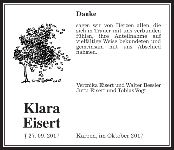 Traueranzeige von Klara Eisert von Wetterauer Zeitung, Wetterauer Zeitung