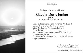 Traueranzeige von Klaudia Doris Junker von Giessener Allgemeine, Alsfelder Allgemeine