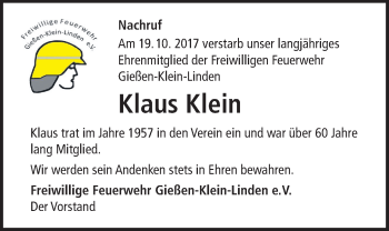 Traueranzeige von Klaus Klein von Giessener Allgemeine, Alsfelder Allgemeine