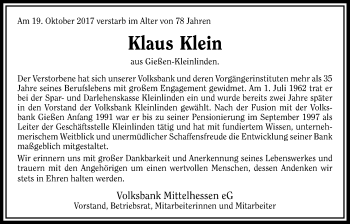 Traueranzeige von Klaus Klein von Giessener Allgemeine, Alsfelder Allgemeine