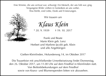 Traueranzeige von Klaus Klein von Giessener Allgemeine, Alsfelder Allgemeine