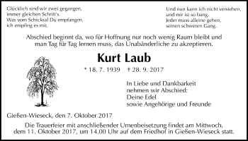 Traueranzeige von Kurt Laub von Giessener Allgemeine, Alsfelder Allgemeine