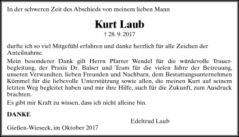 Traueranzeige von Kurt Laub von Giessener Allgemeine, Alsfelder Allgemeine