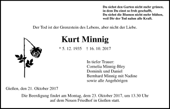 Traueranzeige von Kurt Minnig von Giessener Allgemeine, Alsfelder Allgemeine