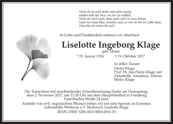 Traueranzeige von Liselotte Ingeborg Klage von Wetterauer Zeitung, Wetterauer Zeitung