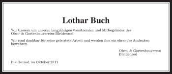 Traueranzeige von Lothar Buch von Alsfelder Allgemeine