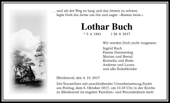 Traueranzeige von Lothar Buch von Alsfelder Allgemeine