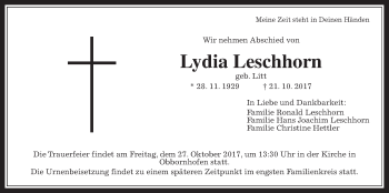 Traueranzeige von Lydia Leschhorn von Giessener Allgemeine, Alsfelder Allgemeine