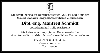 Traueranzeige von Manfred Schmidt von Wetterauer Zeitung, Wetterauer Zeitung