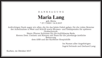 Traueranzeige von Maria Lang von Wetterauer Zeitung, Wetterauer Zeitung