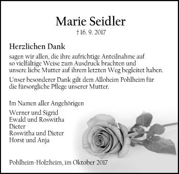 Traueranzeige von Marie Seidler von Pohlheimer Nachrichten