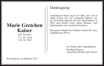 Traueranzeige von Marie Gretchen Kaiser von Wetterauer Zeitung, Wetterauer Zeitung