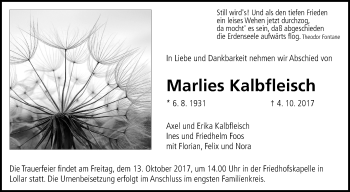 Traueranzeige von Marlies Kalbfleisch von Giessener Allgemeine, Alsfelder Allgemeine
