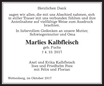Traueranzeige von Marlies Kalbfleisch von Giessener Allgemeine, Alsfelder Allgemeine