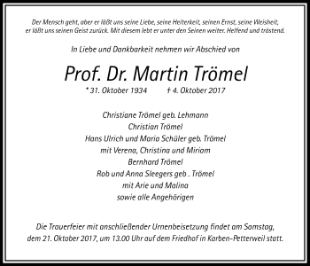 Traueranzeige von Martin Trömel von Wetterauer Zeitung