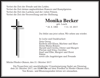 Traueranzeige von Monika Becker von Giessener Allgemeine, Alsfelder Allgemeine