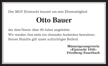 Traueranzeige von Otto Bauer von Wetterauer Zeitung, Wetterauer Zeitung