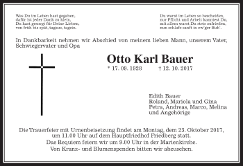 Traueranzeige von Otto Karl Bauer von Wetterauer Zeitung, Wetterauer Zeitung