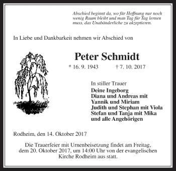 Traueranzeige von Peter Schmidt von Giessener Allgemeine, Alsfelder Allgemeine