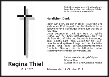 Traueranzeige von Regina Thiel von Rabenauer Zeitung