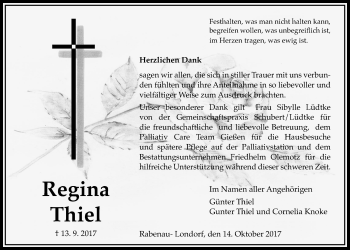 Traueranzeige von Regina Thiel von Giessener Allgemeine, Alsfelder Allgemeine
