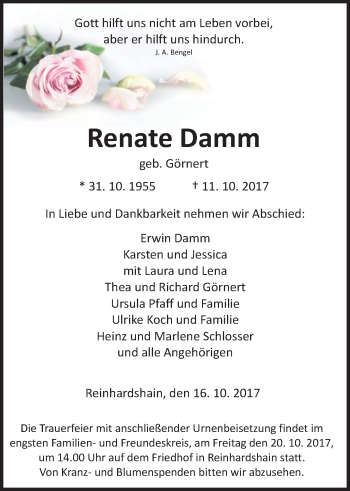 Traueranzeige von Renate Damm von Giessener Allgemeine, Alsfelder Allgemeine