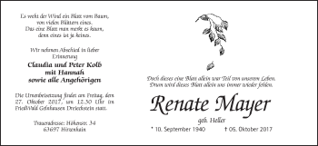 Traueranzeige von Renate Mayer von Wetterauer Zeitung, Wetterauer Zeitung