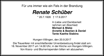 Traueranzeige von Renate Schüber von Licher Wochenblatt, Licher Wochenblatt, Licher Wochenblatt