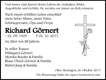Traueranzeige von Richard Görnert von Licher Wochenblatt, Licher Wochenblatt, Licher Wochenblatt