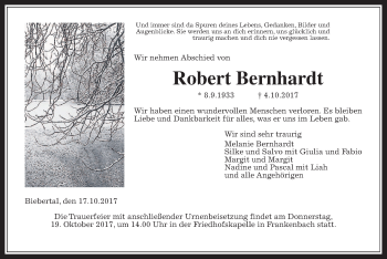 Traueranzeige von Robert Bernhardt von Giessener Allgemeine, Alsfelder Allgemeine