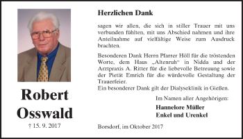 Traueranzeige von Robert Osswald von Wetterauer Zeitung, Wetterauer Zeitung