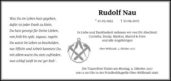Traueranzeige von Rudolf Nau von Wetterauer Zeitung, Wetterauer Zeitung