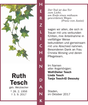 Traueranzeige von Ruth Tesch von Wetterauer Zeitung, Wetterauer Zeitung