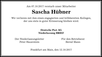 Traueranzeige von Sascha Hübner von Wetterauer Zeitung, Wetterauer Zeitung