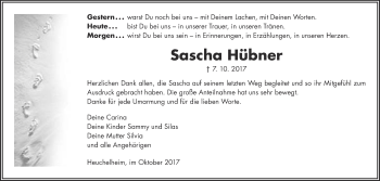 Traueranzeige von Sascha Hübner von Wetterauer Zeitung, Wetterauer Zeitung