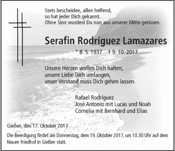 Traueranzeige von Serafin Rodriguez Lamazares von Giessener Allgemeine, Alsfelder Allgemeine