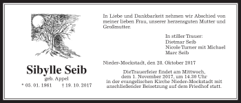 Traueranzeige von Sibylle Seib von Wetterauer Zeitung, Wetterauer Zeitung