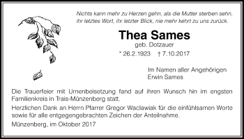 Traueranzeige von Thea Sames von Licher Wochenblatt, Licher Wochenblatt, Licher Wochenblatt