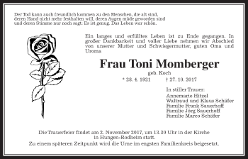 Traueranzeige von Toni Momberger von Giessener Allgemeine, Alsfelder Allgemeine